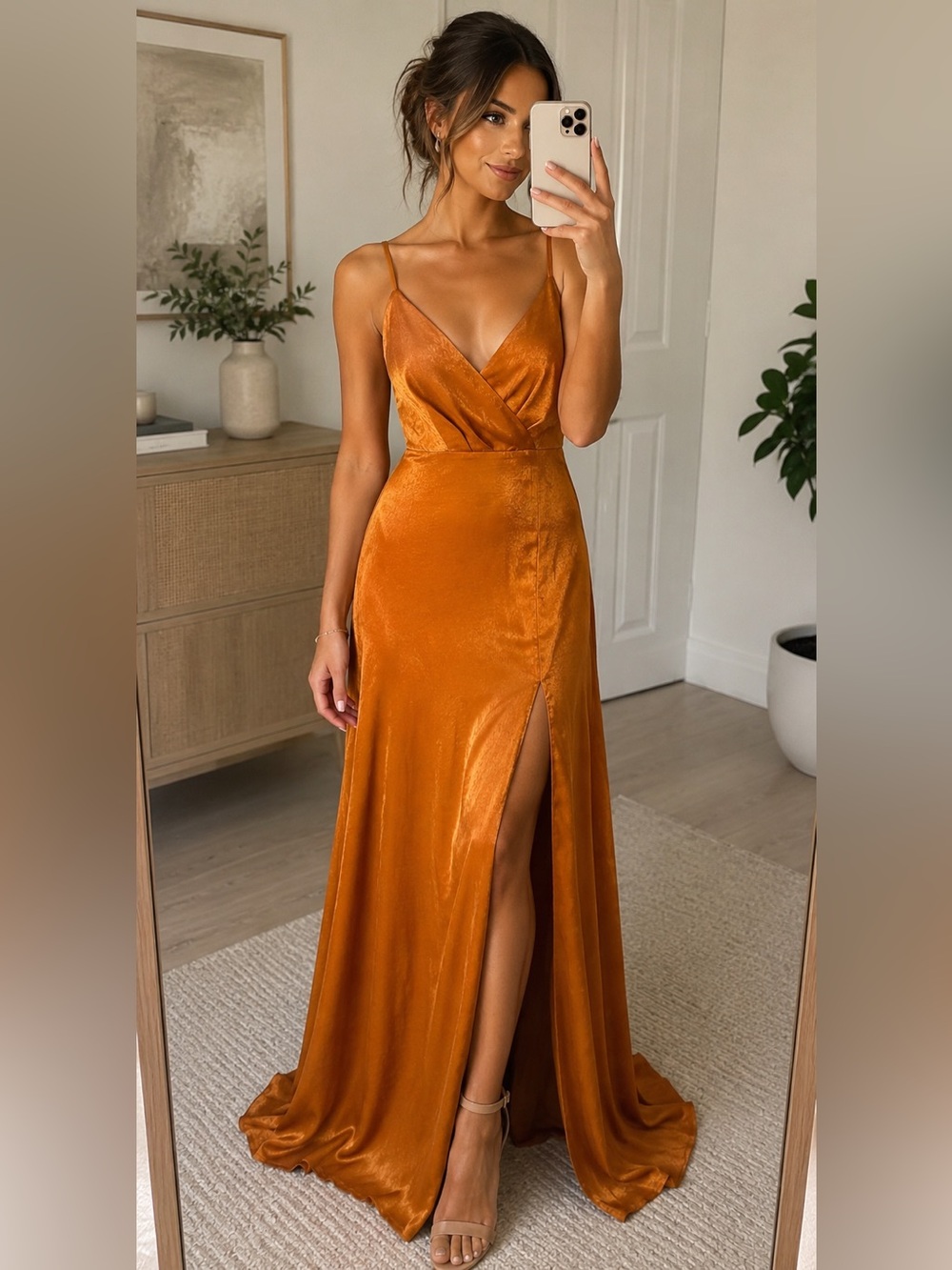 Lulus Burnt Orange Satin Maxi Dress High Slit Formal Gown XXS